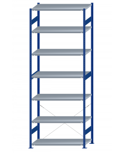 Fachbodenregal Stecksystem, Grundregal, einseitig nutzbar, H3500xB1300xT600, 7 Fachböden, Fachlast 250kg, RAL 5010 enzianblau / verzinkt