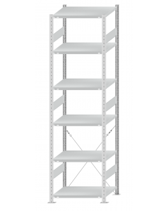 Fachbodenregal Stecksystem, Grundregal, einseitig nutzbar, H2750xB750xT600, 6 Fachböden, Fachlast 250kg, RAL 7035 lichtgrau