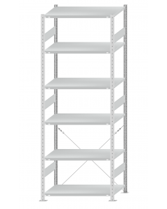 Fachbodenregal Stecksystem, Grundregal, einseitig nutzbar, H2750xB1000xT600, 6 Fachböden, Fachlast 250kg, RAL 7035 lichtgrau