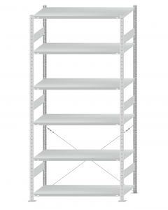 Fachbodenregal Stecksystem, Grundregal, einseitig nutzbar, H2750xB1300xT600, 6 Fachböden, Fachlast 250kg, RAL 7035 lichtgrau