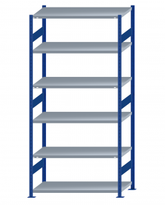 Fachbodenregal Stecksystem, Grundregal, beidseitig nutzbar, H2750xB1300xT600, 6 Fachböden, Fachlast 250kg, RAL 5010 enzianblau / verzinkt