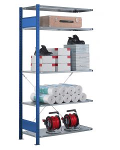 Fachbodenregal Stecksystem, Anbauregal, einseitig nutzbar, H2750xB750xT350, 6 Fachböden, Fachlast 85kg, RAL 5010 enzianblau / verzinkt